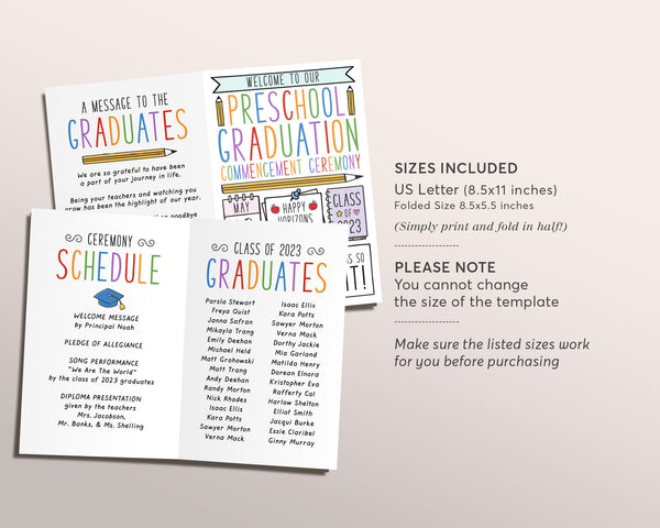 Graduation Program Editable Template for Preschool, Pre-K Ceremony Pro ...