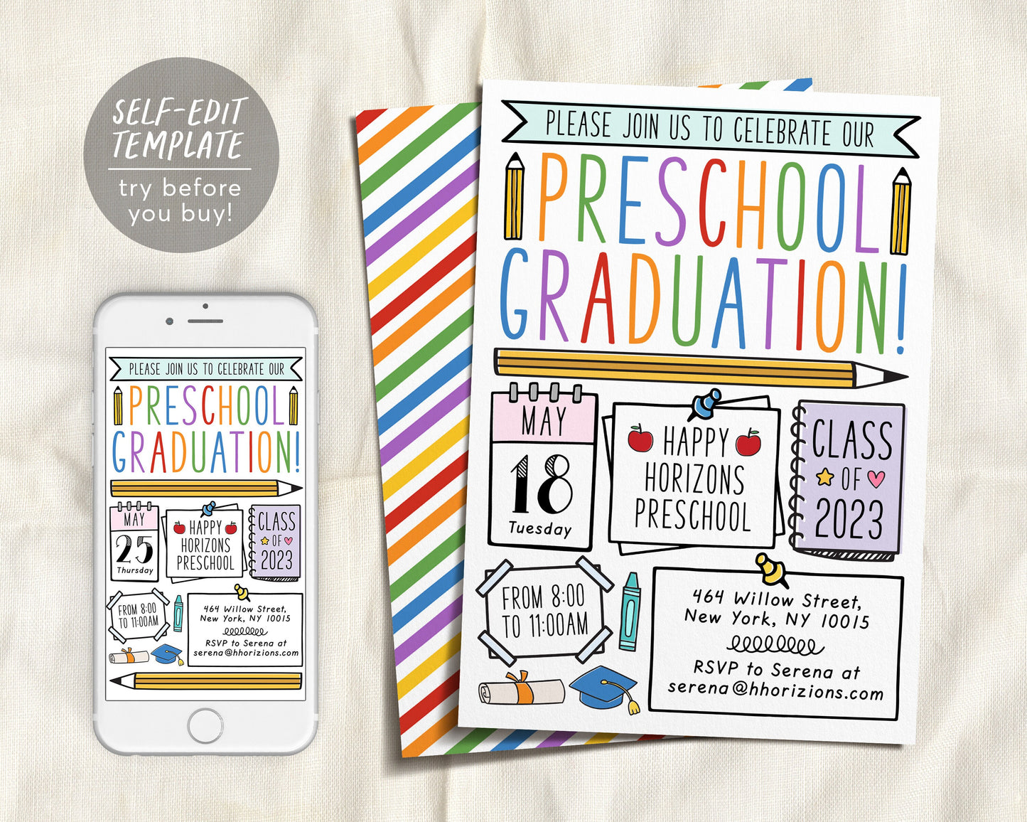 Preschool Graduation Ceremony BUNDLE Editable Template, Pre-K Kindergarten Class Graduation Certificate, Graduation Invitation Invite Evite