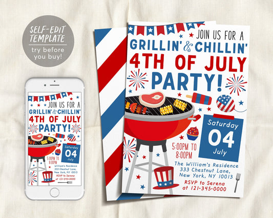 4th of July Invitation Editable Template, Fourth of July Celebration BBQ Invite, Independence Day Grillin And Chillin, Backyard Fireworks