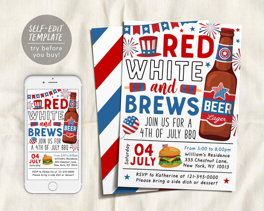 4th of July Invitation Editable Template, Fourth of July Celebration Invite, Red White and Brews Beer And Fireworks, Independence Day BBQ