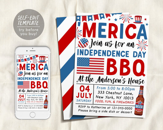 4th of July Invitation Editable Template, Fourth of July 'Merica Celebration Invite, Patriotic USA Independence Day BBQ, Beer And Fireworks