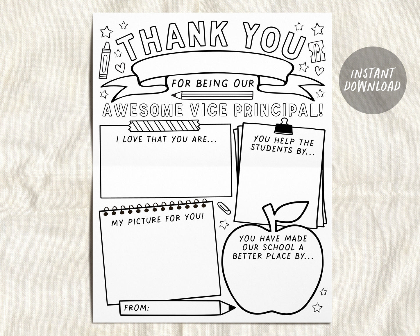 Principal Appreciation Day Thank You Printable, Vice Assistant Principal Coloring Page Survey Elementary Kindergarten, End of School Year