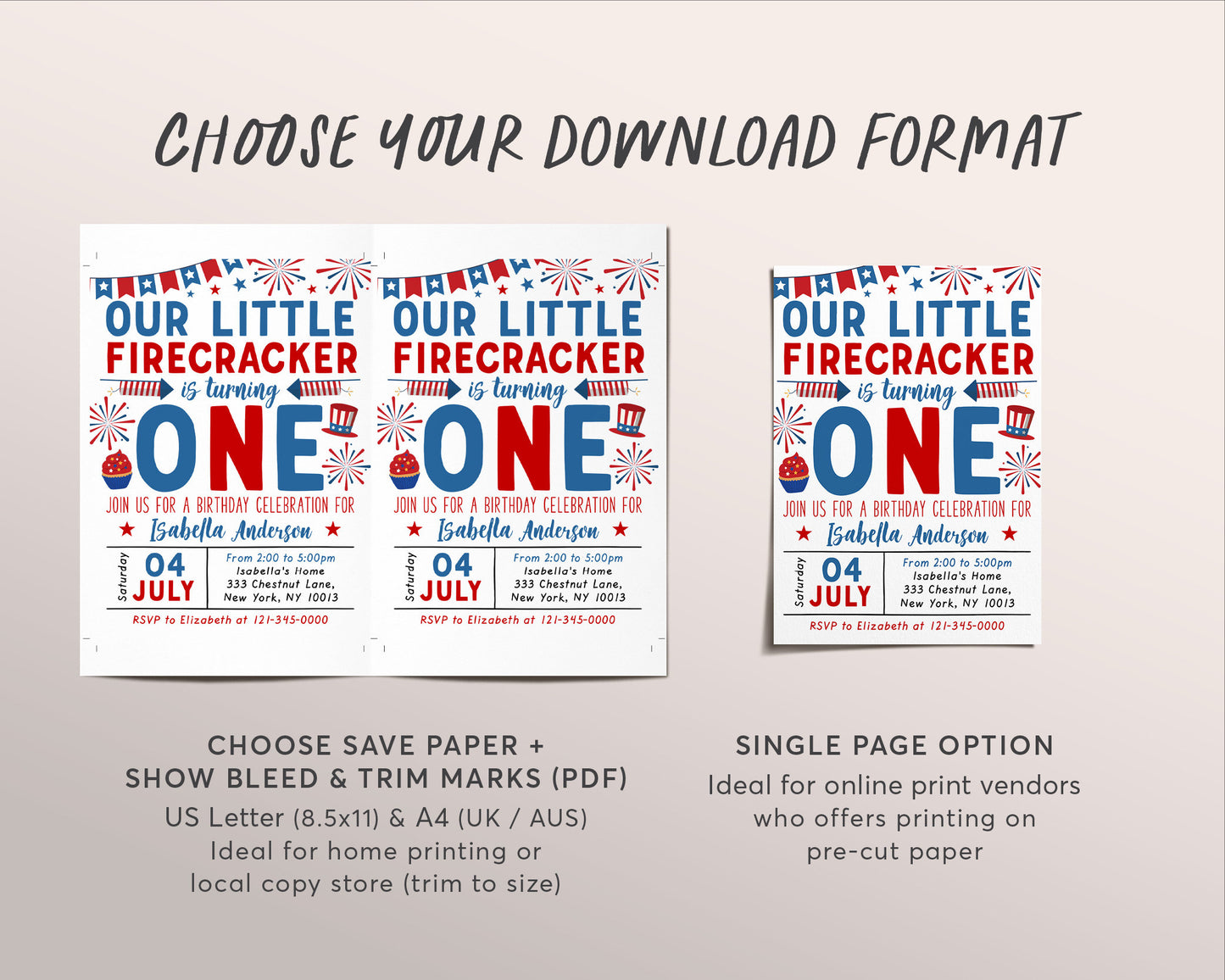 4th of July First Birthday Invitation Editable Template, Little Firecracker Patriotic Birthday Invite, Red White and Blue Stars And Stripes