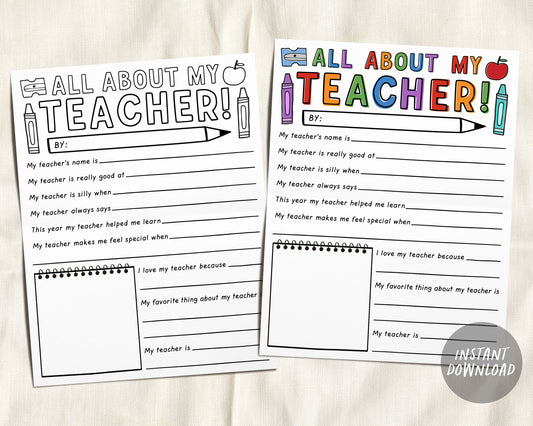 Teacher Appreciation Week Printable, Teacher Coloring Page Survey Elementary Kindergarten, Teacher Thank You, All About My Teacher Download