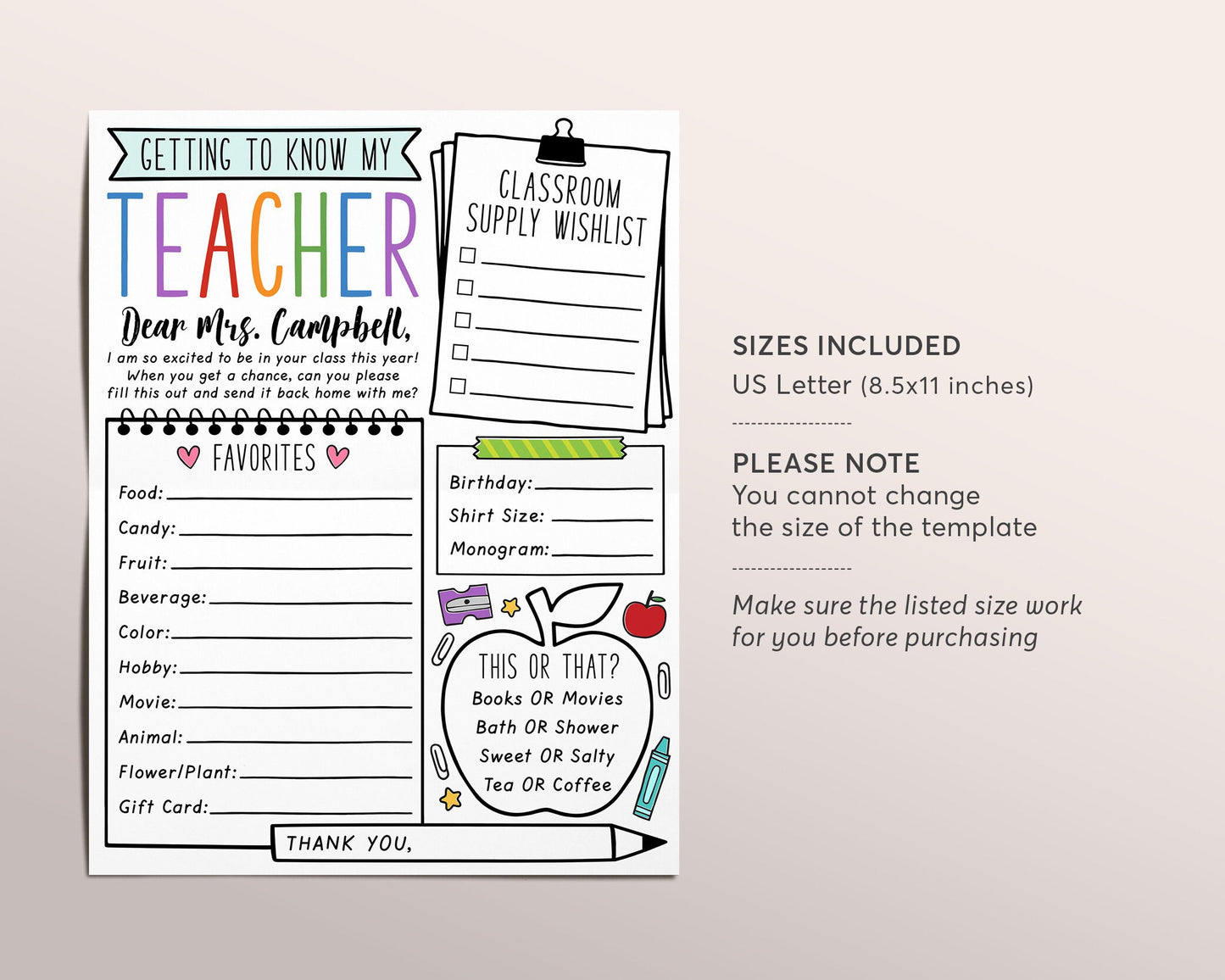Favorites Teacher Survey Editable Template, Getting To Know My Teacher Questionnaire Worksheet, All About My Teacher, Back To School