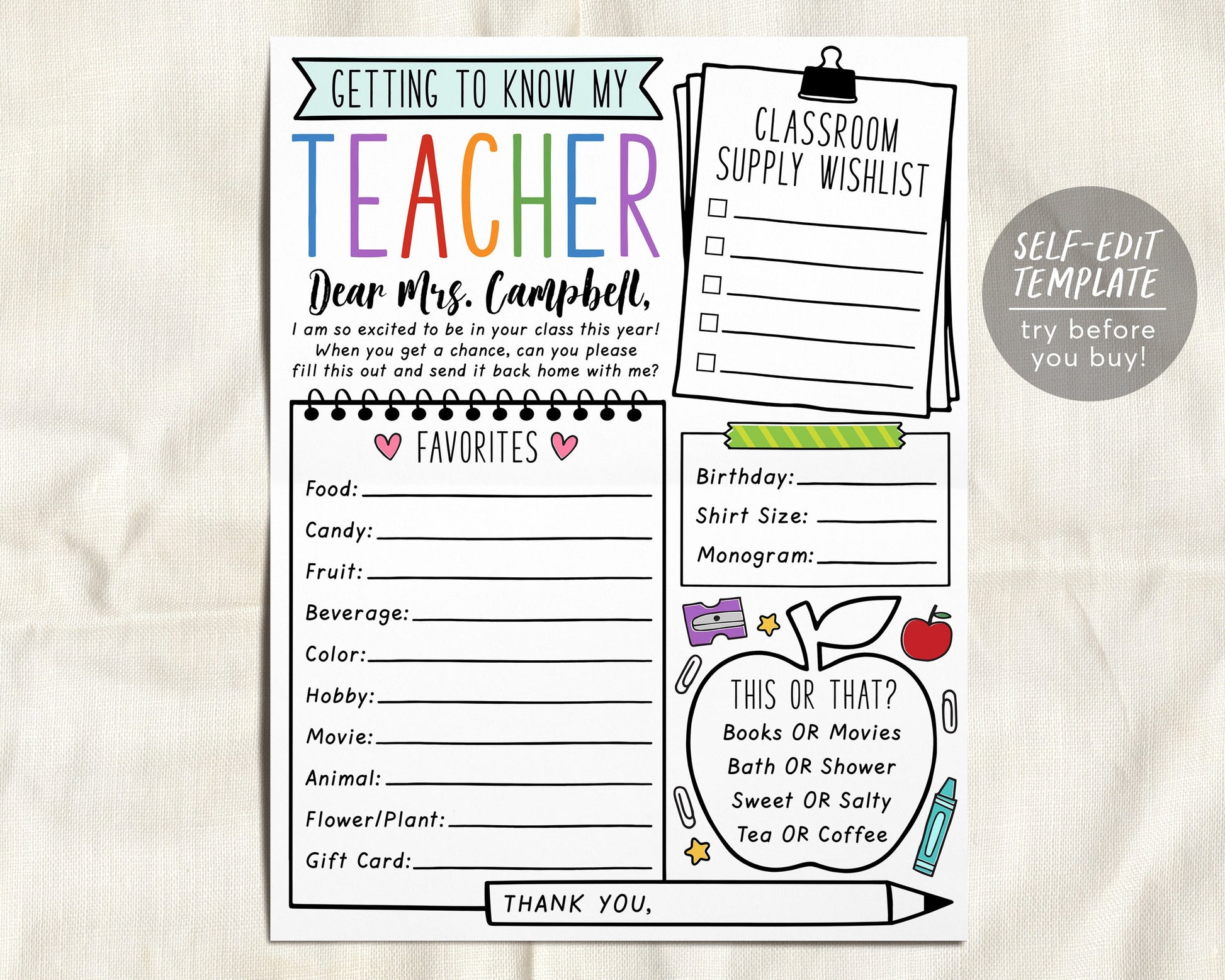 Favorites Teacher Survey Editable Template, Getting To Know My Teacher