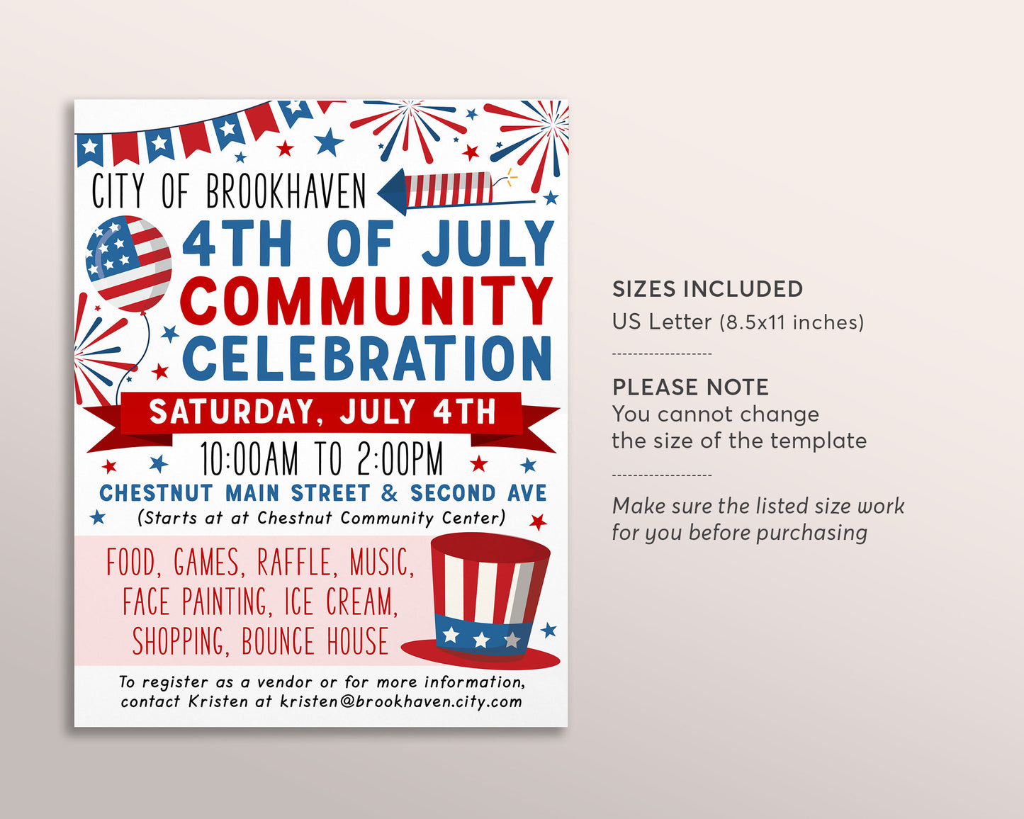 4th of July Community Parade Flyer Invitation Editable Template, Independence Day Neighborhood Block Party Fourth of July Celebration Summer