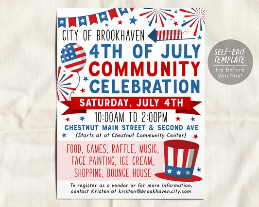 4th of July Community Parade Flyer Invitation Editable Template, Independence Day Neighborhood Block Party Fourth of July Celebration Summer