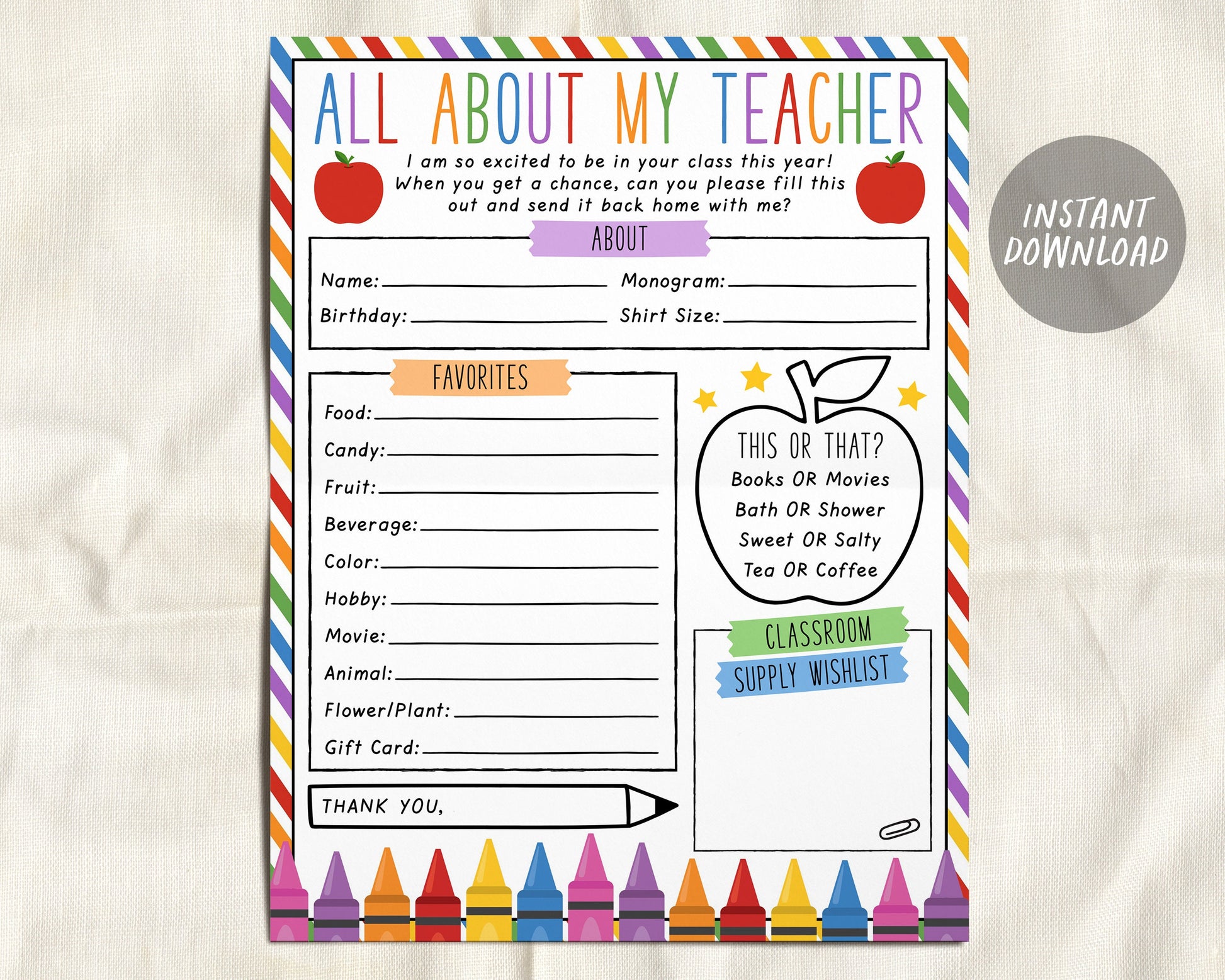 Christmas My Favorites List INSTANT DOWNLOAD Teacher's Favorite Things