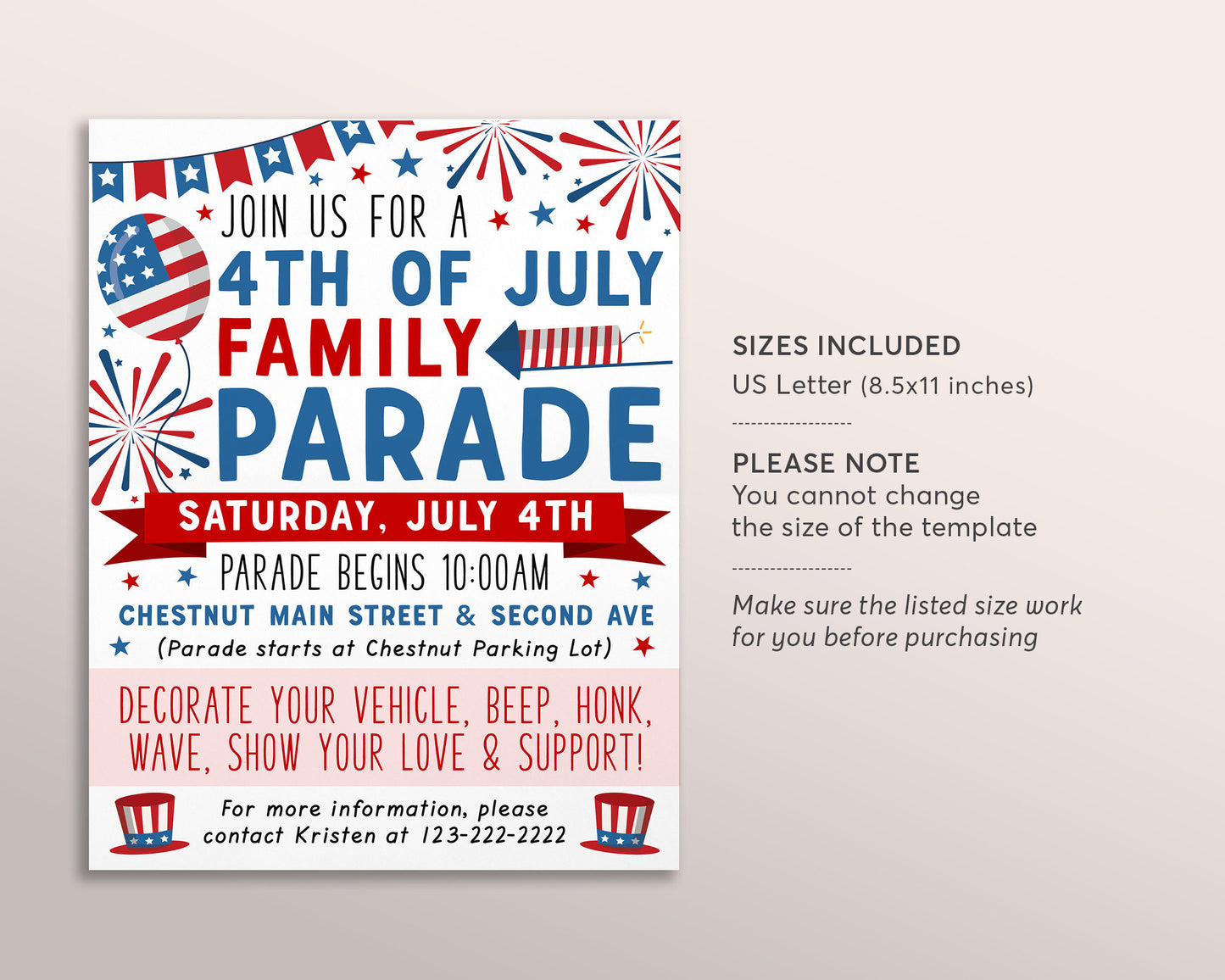 4th of July Family Parade Flyer Invitation Editable Template, Independence Day Bike Parade, Block Party Fourth of July Celebration Summer