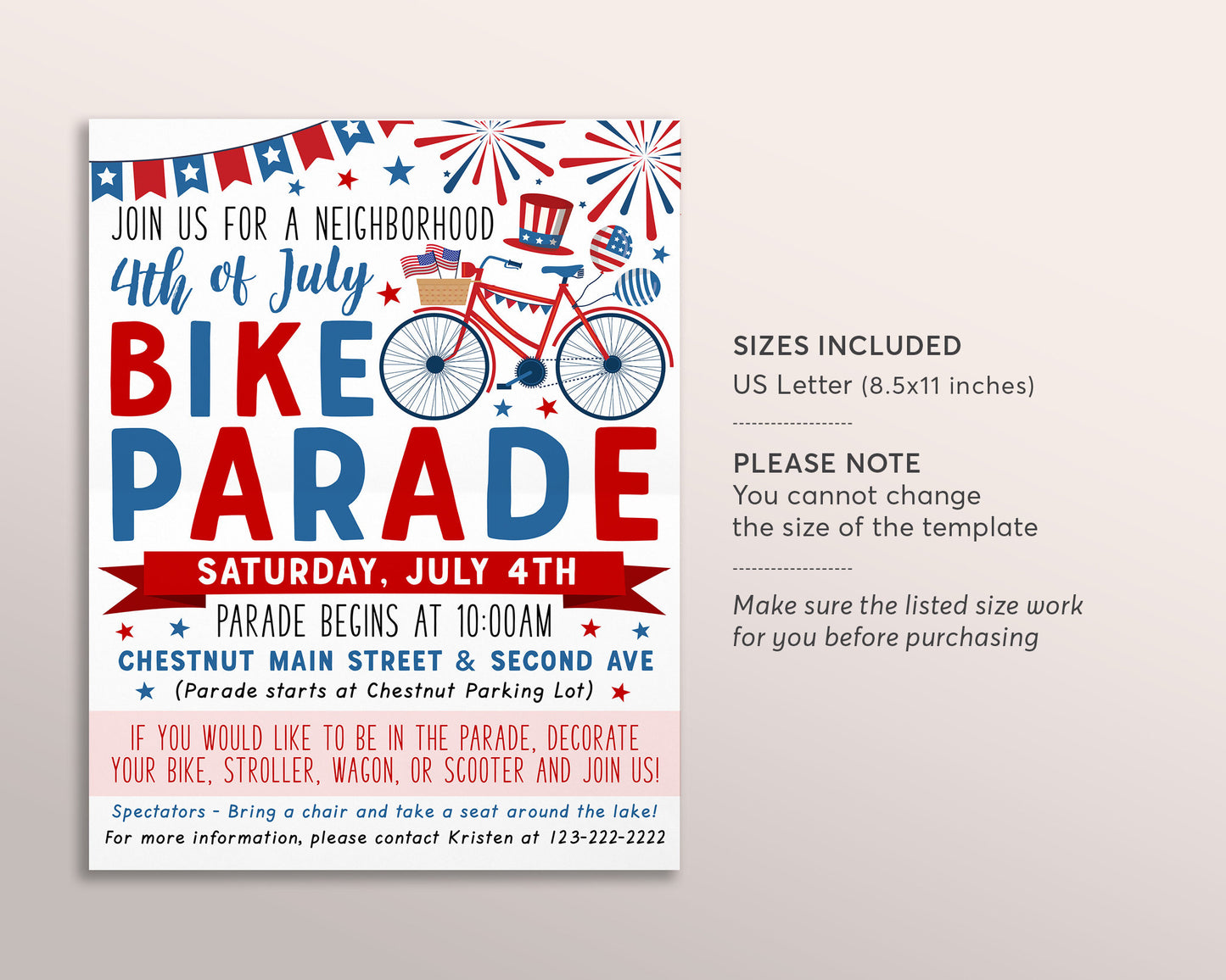 4th of July Bike Parade Flyer Invitation Editable Template, Bicycle Tricycle Family Parade, Block Party Fourth of July Celebration Summer