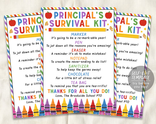 School Principal Survival Kit Editable Template, Principal Appreciation Day Thank You Gift Tags, Back to School Gift PTA PTO Printable