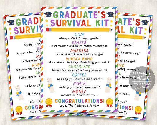 New Graduate Survival Kit Editable Template, Graduation Gift Idea, Graduate's Gift Tags Graduation Gift Favors Printable, Care Package