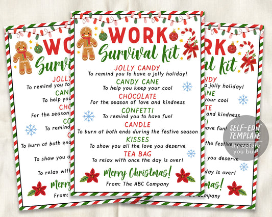 Work Survival Kit Tag Editable Template, Holiday Christmas Survival Kit, Employee Staff Appreciation, Christmas Candy Bag Favor Gift Tags