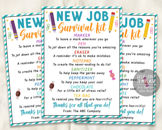 New Job Survival Kit Tag Editable Template, Career Congratulations Gift Idea, Welcome Staff Coworker Employee Gift Tags, Employee Treat