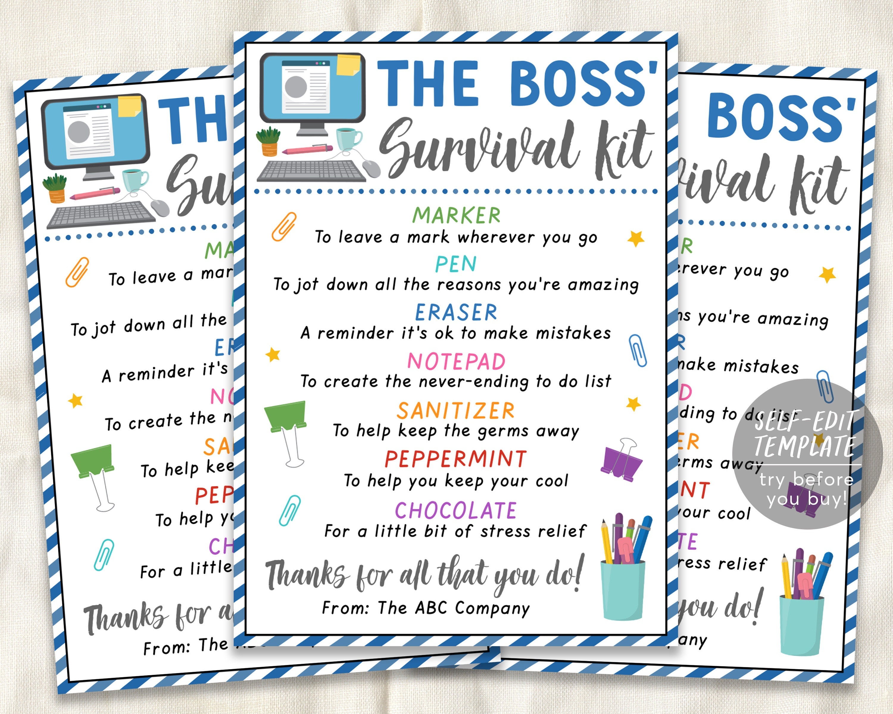 Boss Survival Kit Gift Tags Editable Template, Boss Appreciation Day ...
