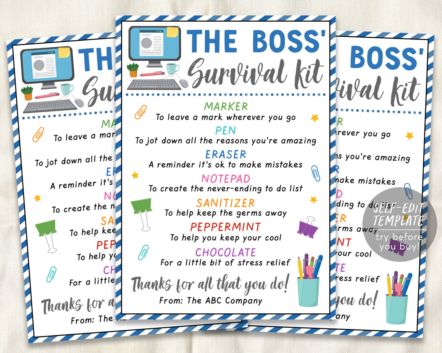 Boss Survival Kit Gift Tags Editable Template, Boss Appreciation Day, Manager Admin HR Office Gifts Ideas, Corporate Professional's Day