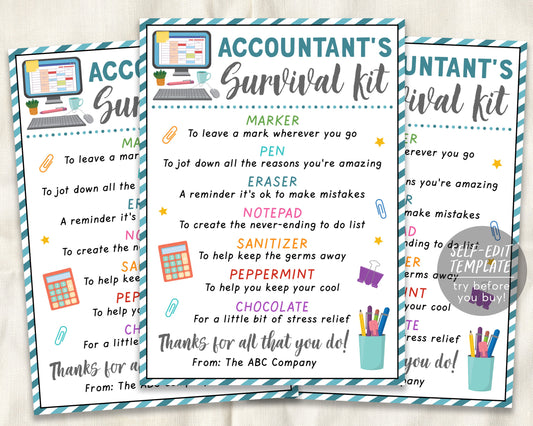 Accountant Survival Kit Gift Tags Editable Template, CPA Accounting Appreciation Week, Tax Professional Favor Tag, Instant Download