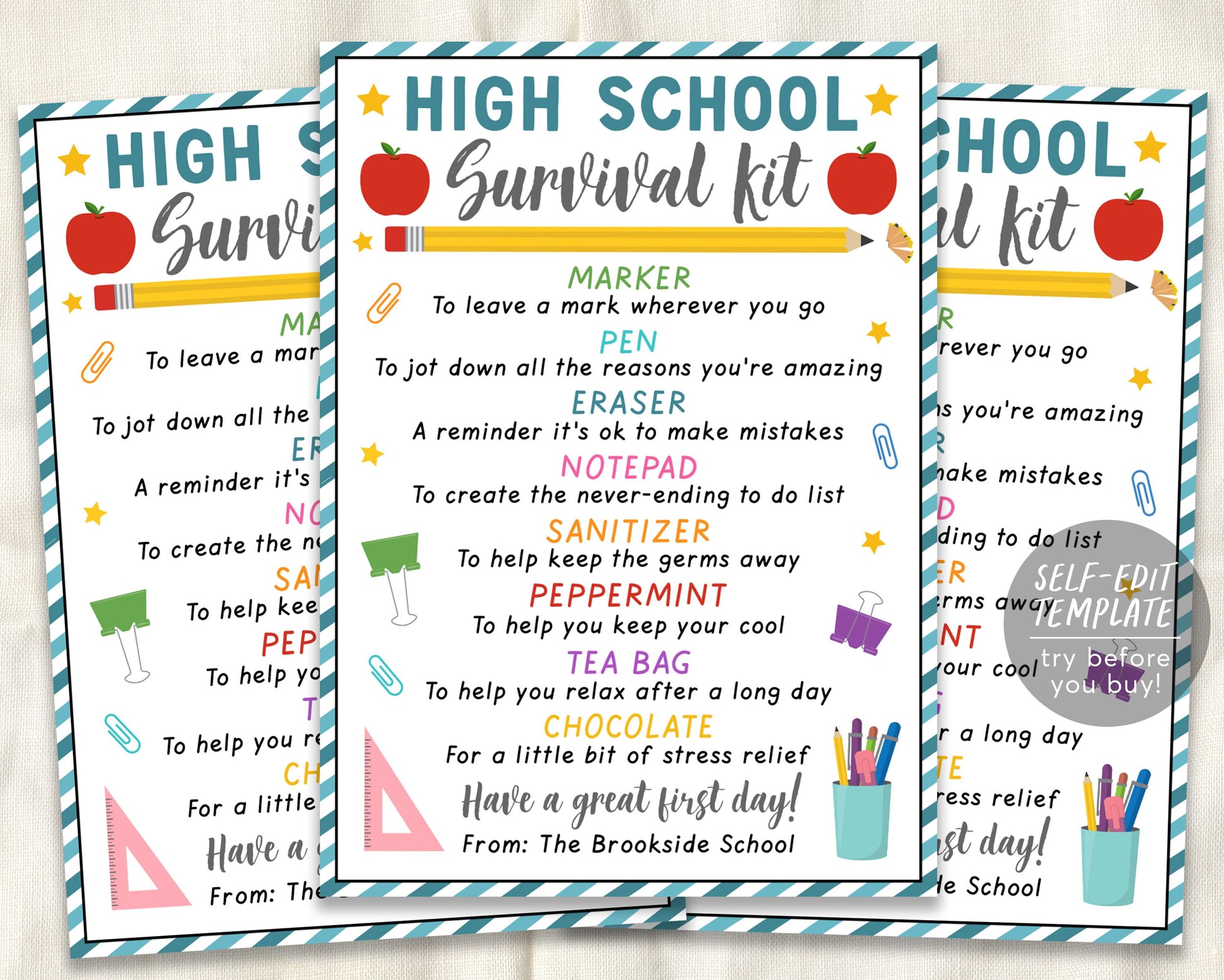 High School Student Survival Kit Gift Tags Editable Template, Welcome –  Puff Paper Co