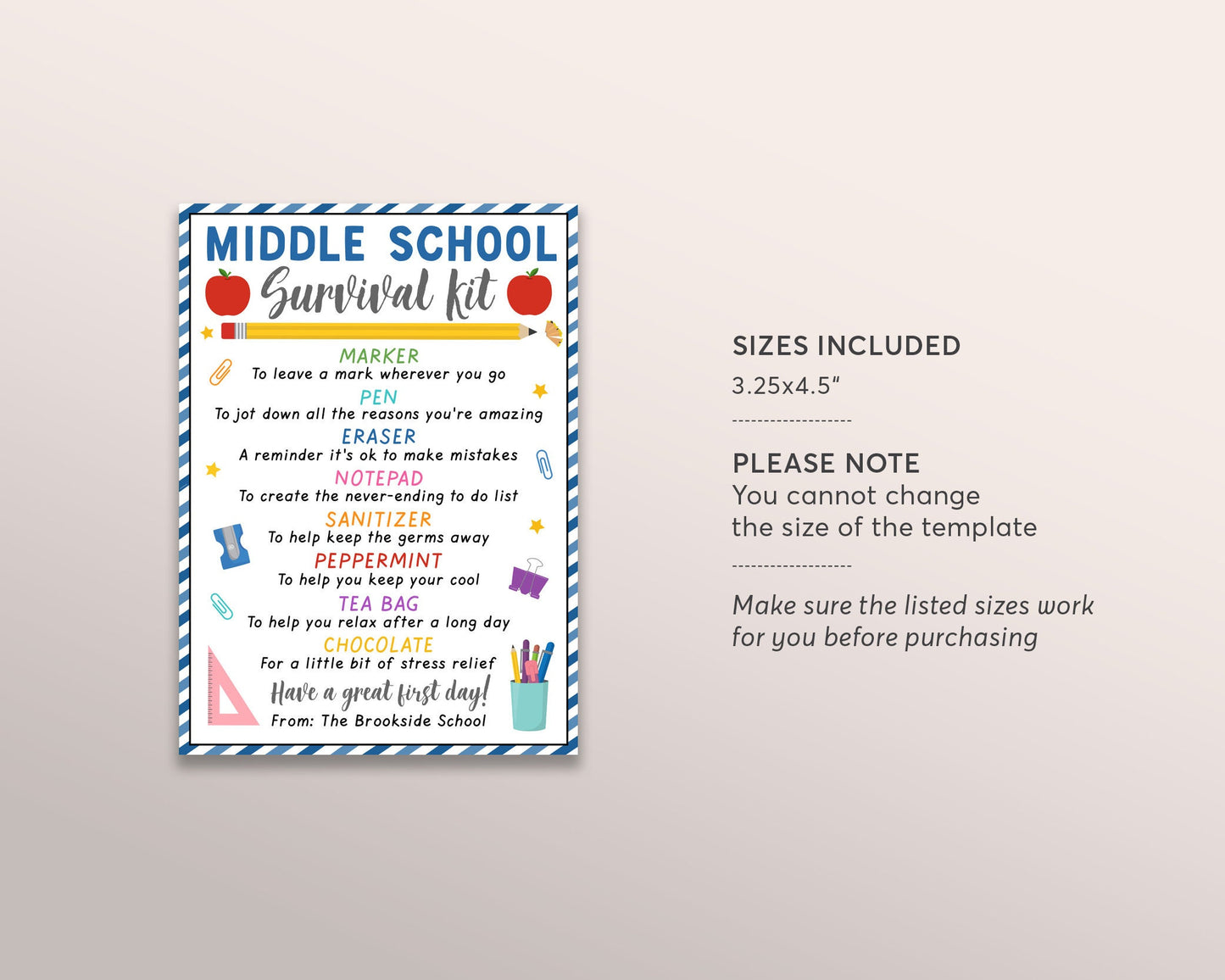 Middle School Student Survival Kit Gift Tags Editable Template, Back To School Gift For Teachers Staff Students, 6th 7th 8th Grade
