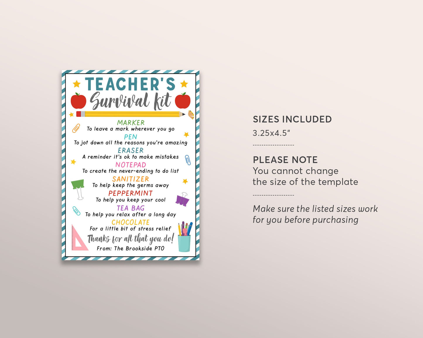 Teacher Survival Kit Editable Template, Teacher Appreciation Week Thank You Gift Tags, Back to School End of Year Gift PTA PTO Printable