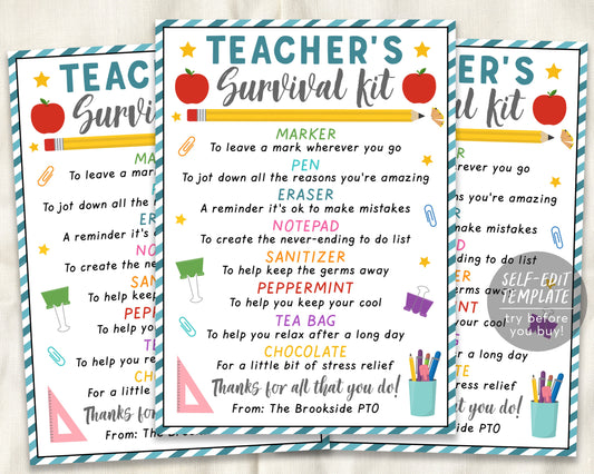 Teacher Survival Kit Editable Template, Teacher Appreciation Week Thank You Gift Tags, Back to School End of Year Gift PTA PTO Printable