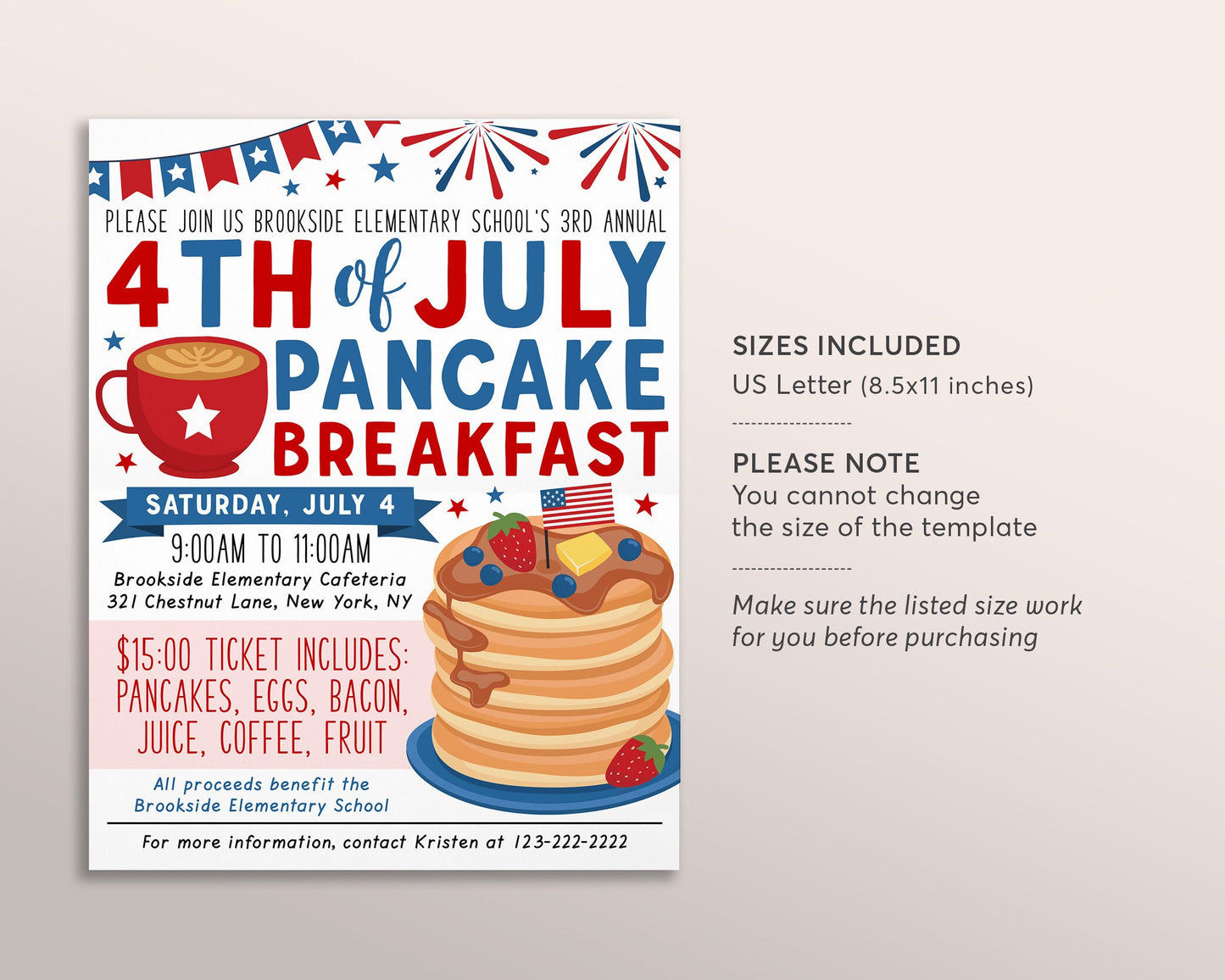4th of July Pancake Breakfast Flyer Editable Template, Summer Pancakes Brunch Fundraiser Event, School PTO PTA Church Charity Community