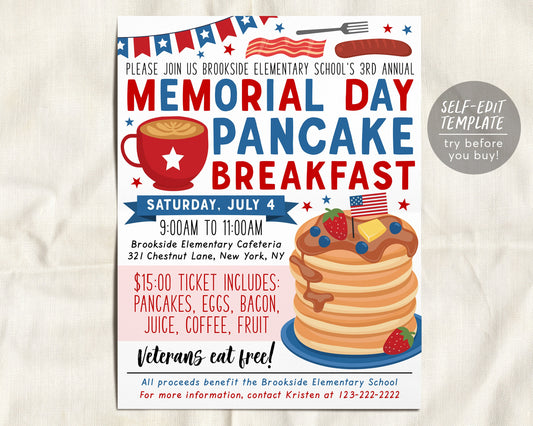 Memorial Day Pancake Breakfast Flyer Editable Template, Patriotic Pancakes Brunch Fundraiser Event, School PTO PTA Church Charity Community