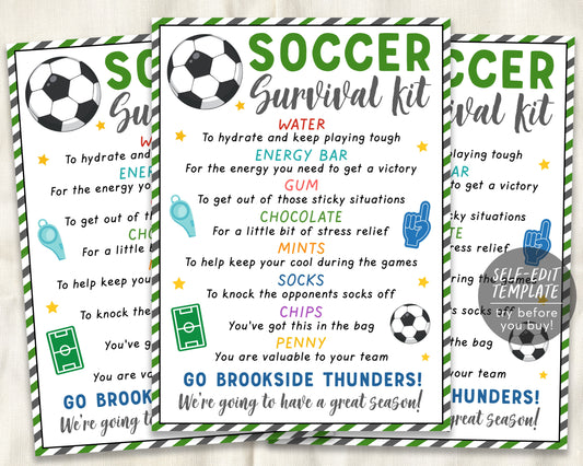 Soccer Survival Kit Gift Tags Editable Template, Soccer Player Team Gift Idea, Kids School Sports, Snack Treat Tags, Coaches Game Day