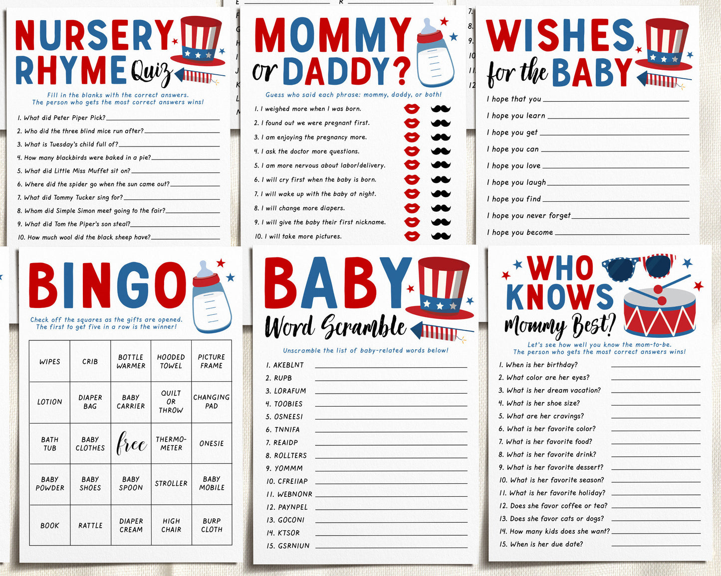 4th of July Baby Shower Games Bundle Editable Template, Red White and Due 12 Shower Games, Summer Word Scramble, What's On Your Phone