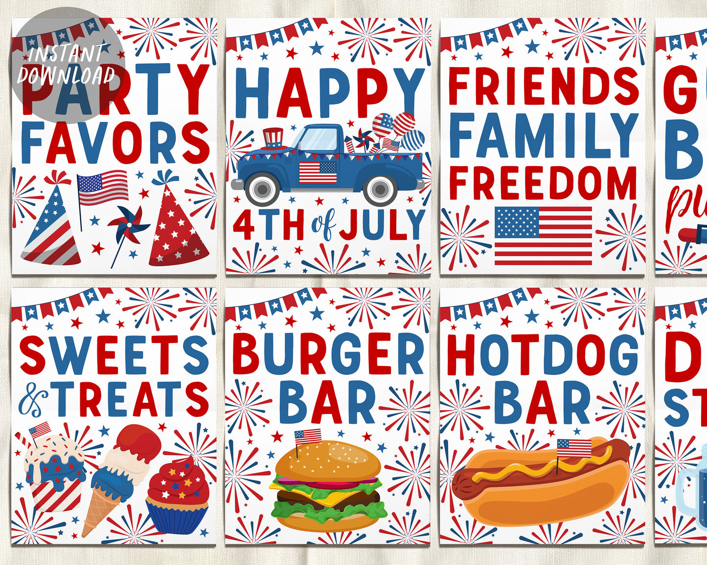 4th of July Party Signs BUNDLE, Fourth of July Decorations, Independence Day Patriotic BBQ Birthday Baby Shower Decor Printable, Burger Bar