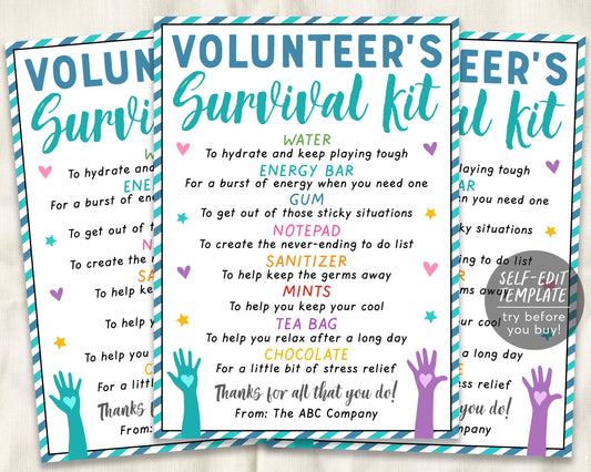 Volunteer Survival Kit Gift Tags Editable Template, Volunteer Thank You Gift Tags Welcome Treat Candy Pack, PTA PTO School Church Staff