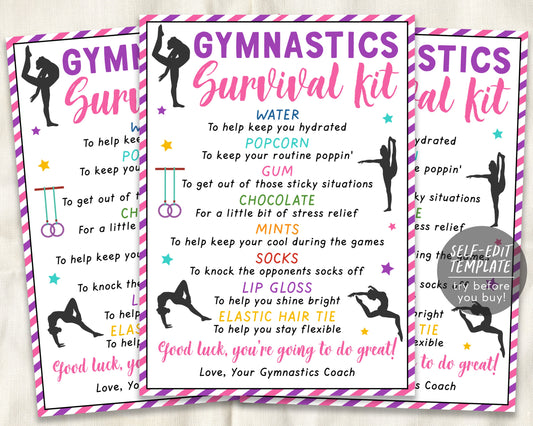 Gymnastics Survival Kit Gift Tags Editable Template, Gymnast Gift Idea, Gymnastics Team Tryouts Kids Girl Competition, Team Appreciation