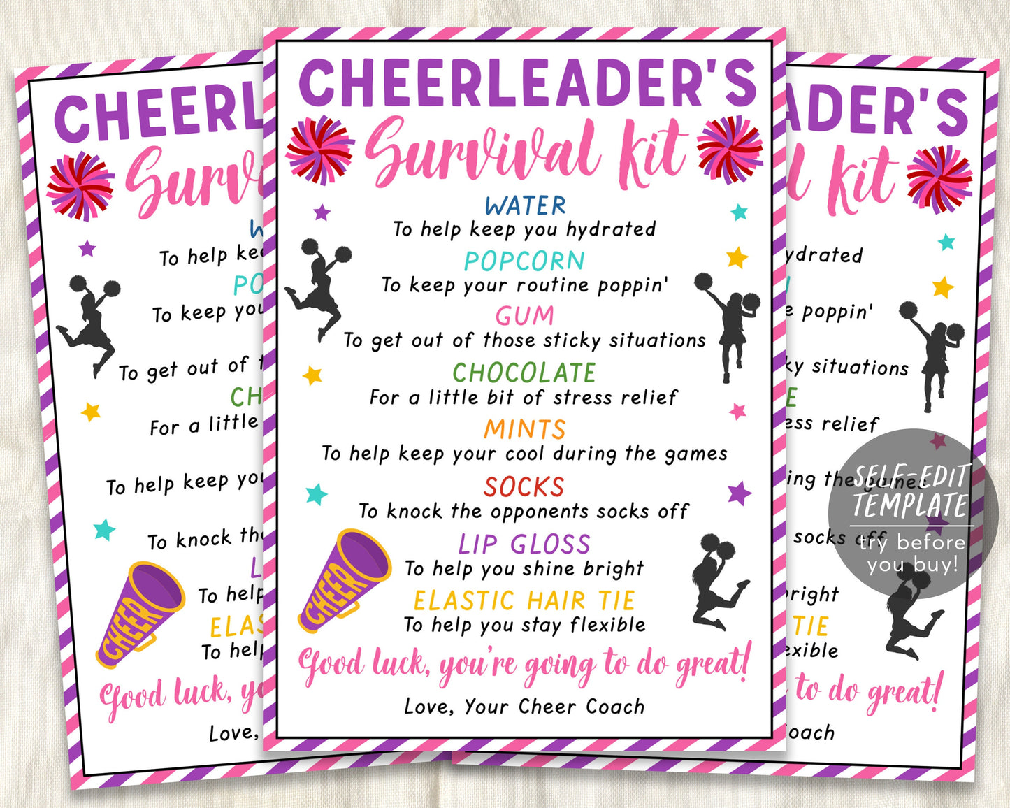 Cheer Survival Kit Gift Tags Editable Template, Cheerleader Gift