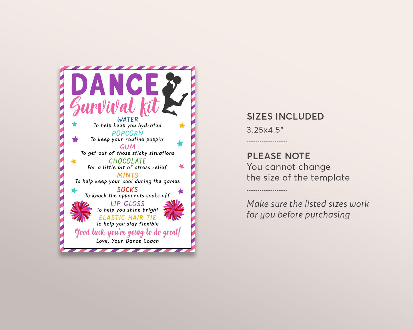 Dancer Survival Kit Gift Tags Editable Template, Dance Team Gift Idea, Dance Competition, Cheerleading Tryouts, Team Appreciation Good Luck
