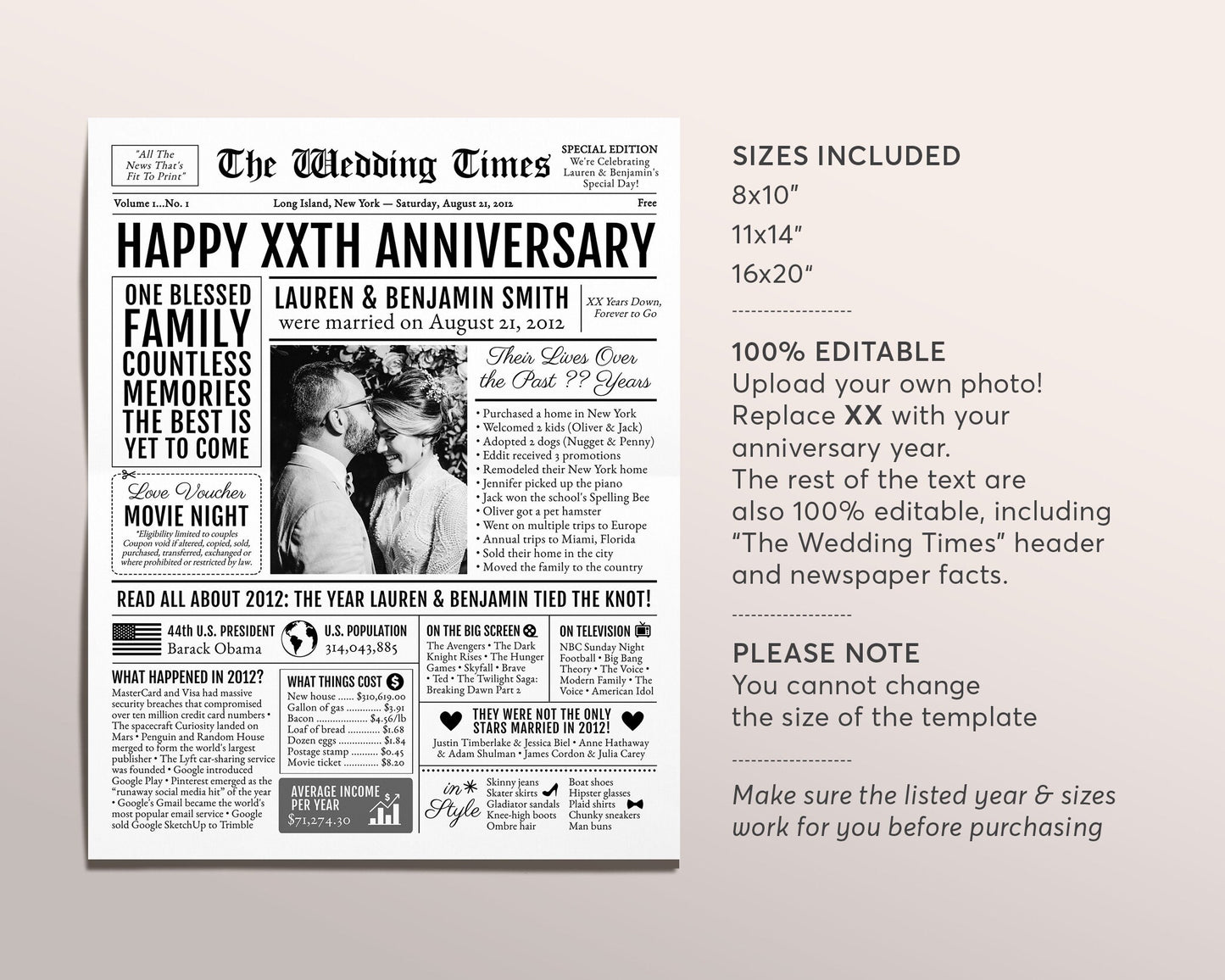 Back in 2012 11th 12th 13th Anniversary Gift Newspaper Editable Template, Personalized 11 12 13 Year Wedding For Parents Husband Or Wife
