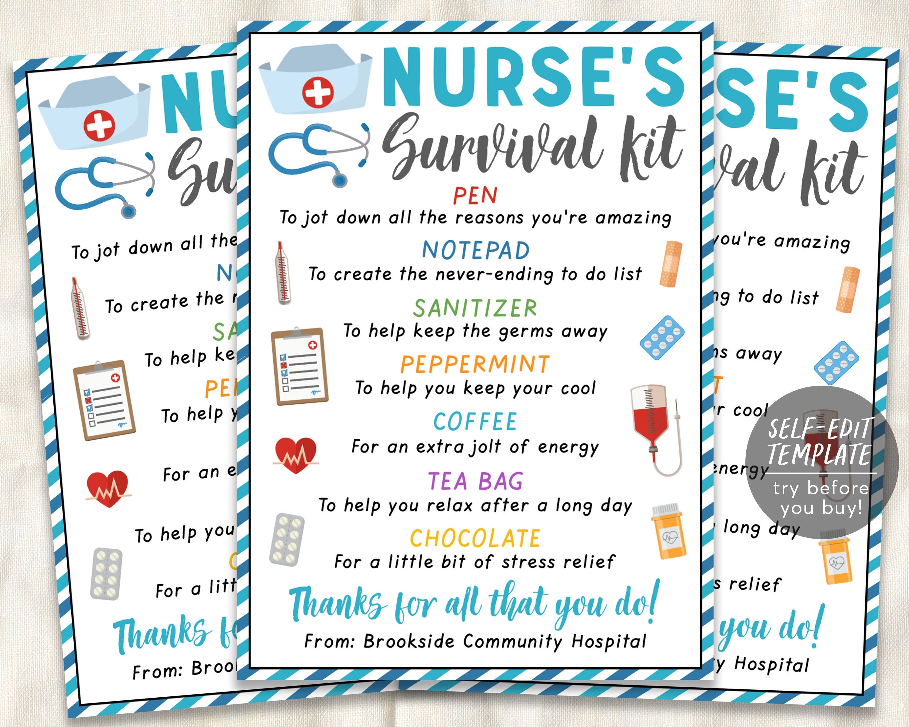 Nurse Survival Kit Gift Tags Editable Template, Nurse Appreciation Nat ...