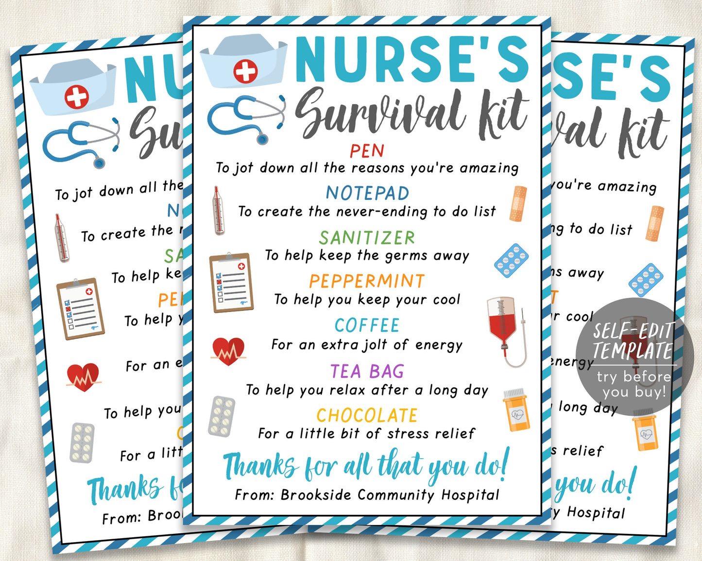 Nurse Survival Kit Gift Tags Editable Template, Nurse Appreciation National Nurses Day Thank You Gifts, Medical Staff Appreciation Week