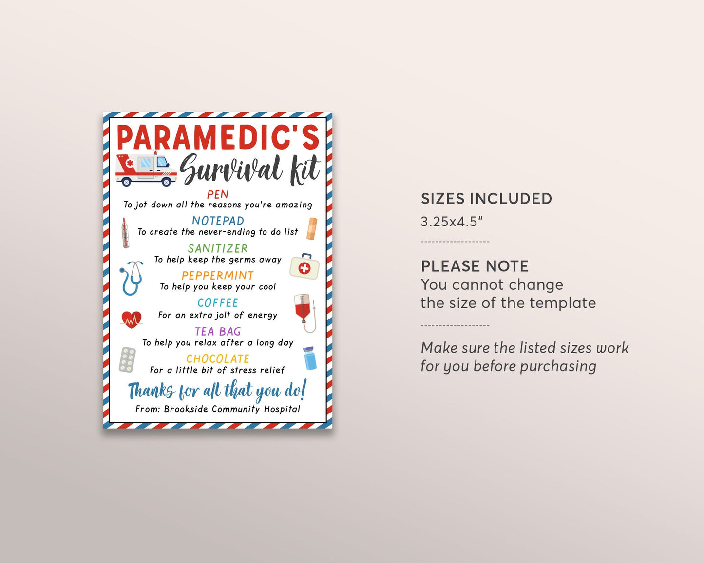 Paramedic Survival Kit Gift Tags Editable Template, First Responder Appreciation Thank You Gifts, Medical Staff Appreciation Week Printable