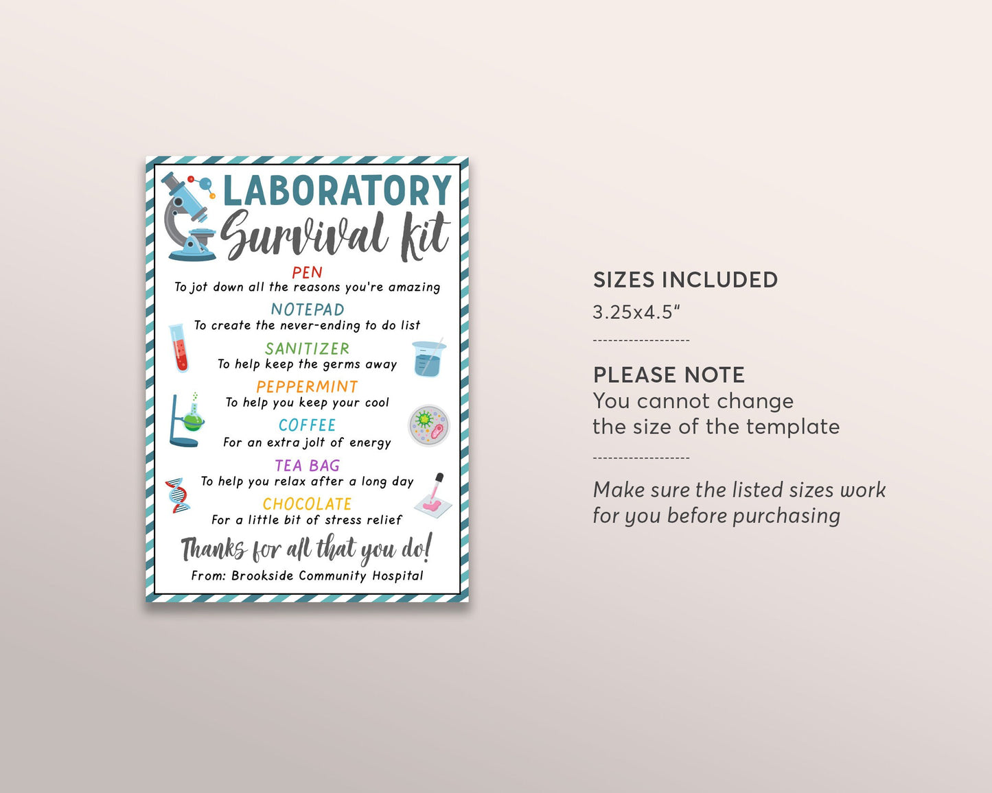 Laboratory Survival Kit Gift Tags Editable Template, Medical Lab Gifts, Lab Tech Thank You, Medical Laboratory Professionals Appreciation