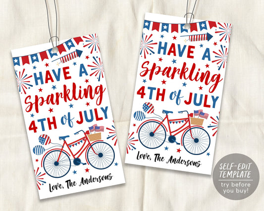 4th Of July Favor Tags Editable Template, Sparkling Fourth Of July Patriotic Gift Tag, American Flag Stripes Independence Day Treat Tags
