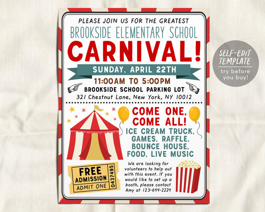 Carnival Fair Event Flyer Editable Template, Family Carnival School PTA PTO Flyer, Circus Party Church Business Charity Benefit Invitation
