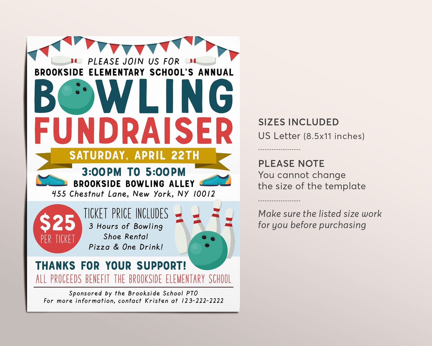 Bowling Fundraiser Flyer Editable Template, Family Bowling Night School PTA PTO Invite, Church Nonprofit Business Charity Benefit Event