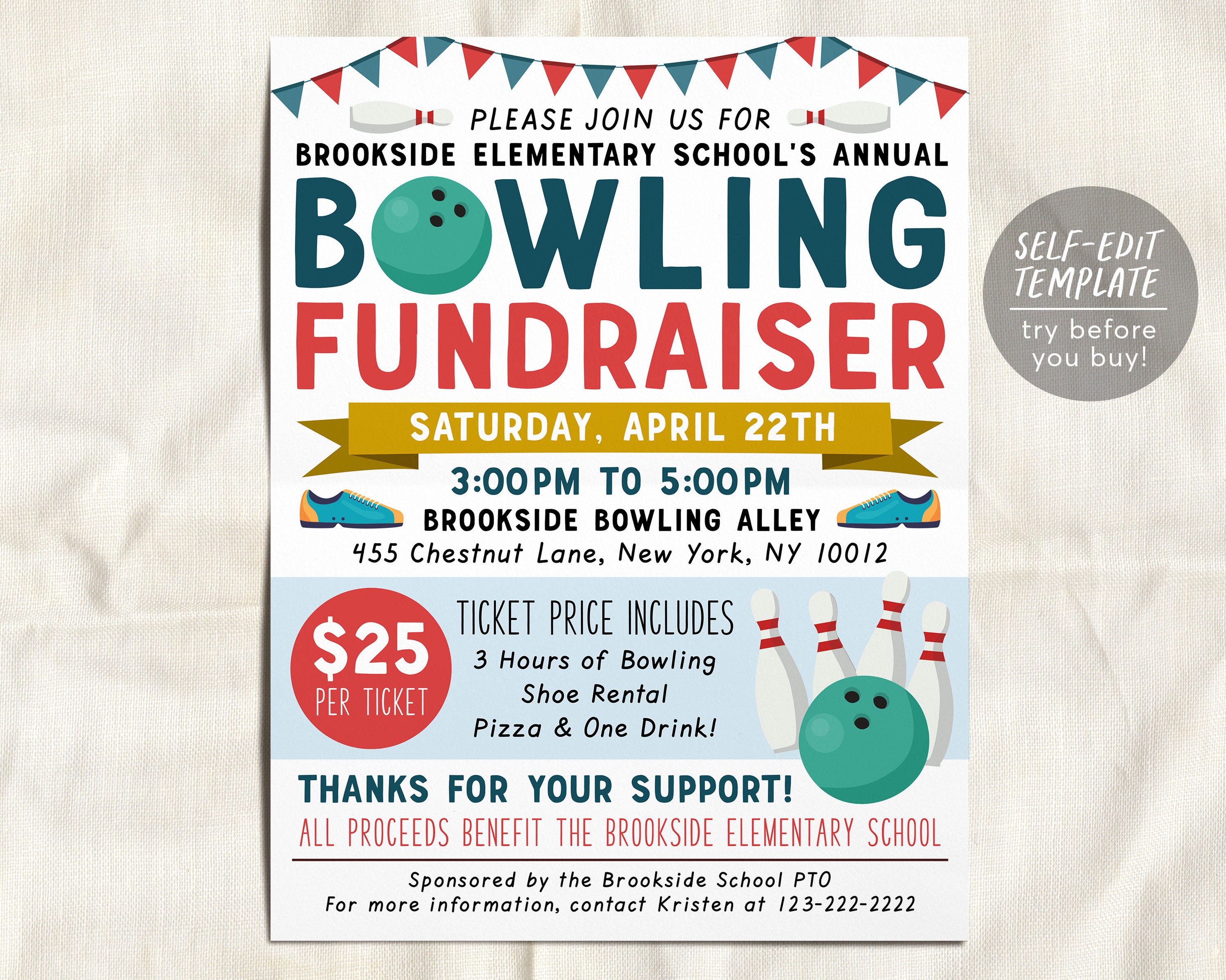 Bowling Fundraiser Flyer Editable Template, Family Bowling Night Schoo