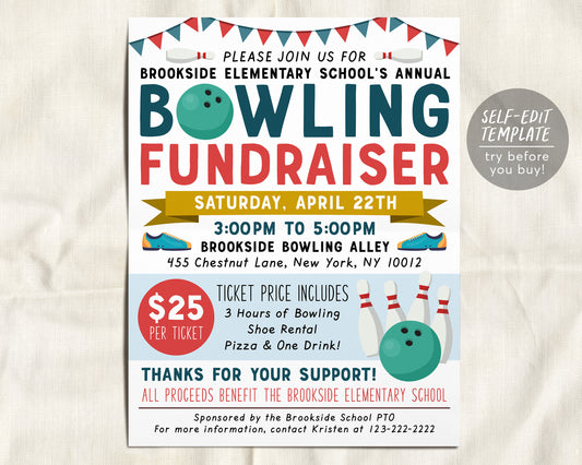 Bowling Fundraiser Flyer Editable Template, Family Bowling Night School PTA PTO Invite, Church Nonprofit Business Charity Benefit Event