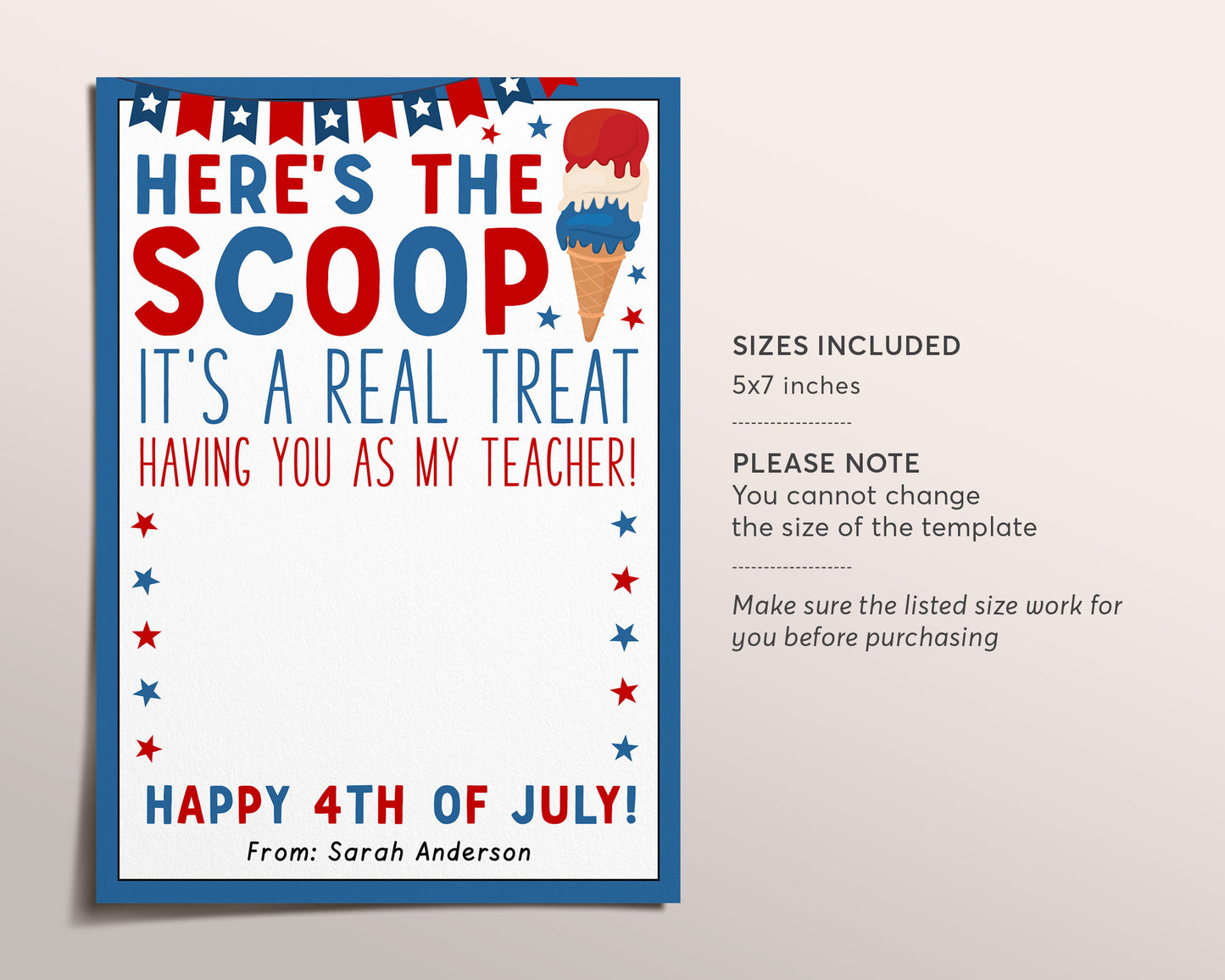 4th of July Teacher Appreciation Gift Card Holder Editable Template, Ice Cream Gift Card, Fourth Of July Summer School PTO PTA Gift Ideas