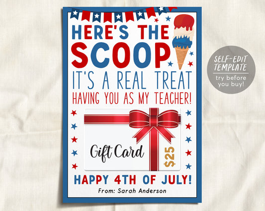 4th of July Teacher Appreciation Gift Card Holder Editable Template, Ice Cream Gift Card, Fourth Of July Summer School PTO PTA Gift Ideas
