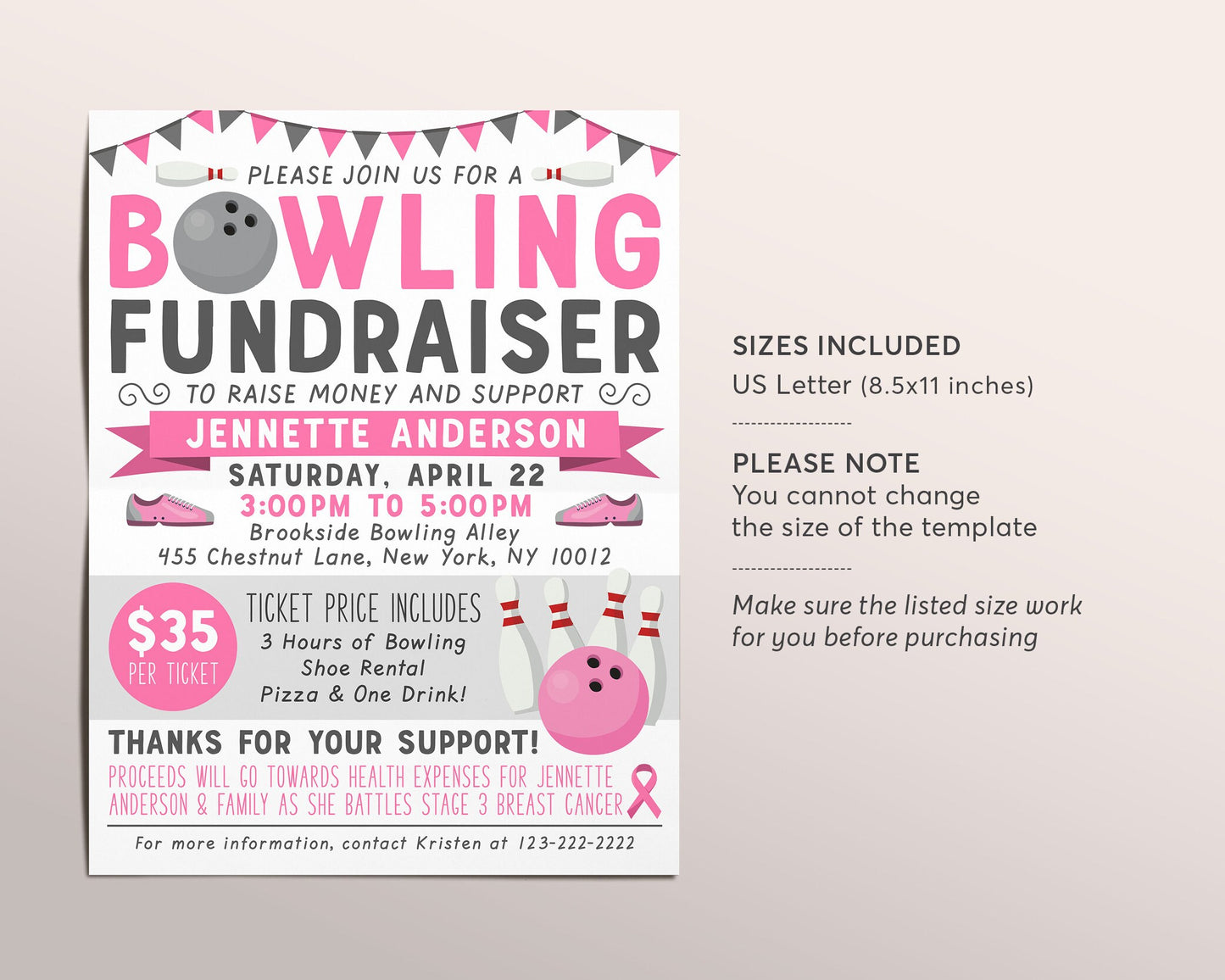 Cancer Bowling Fundraiser Flyer Editable Template, Breast Cancer Medical Fundraising Benefit Event, Bowling Night Invite, Nonprofit Charity