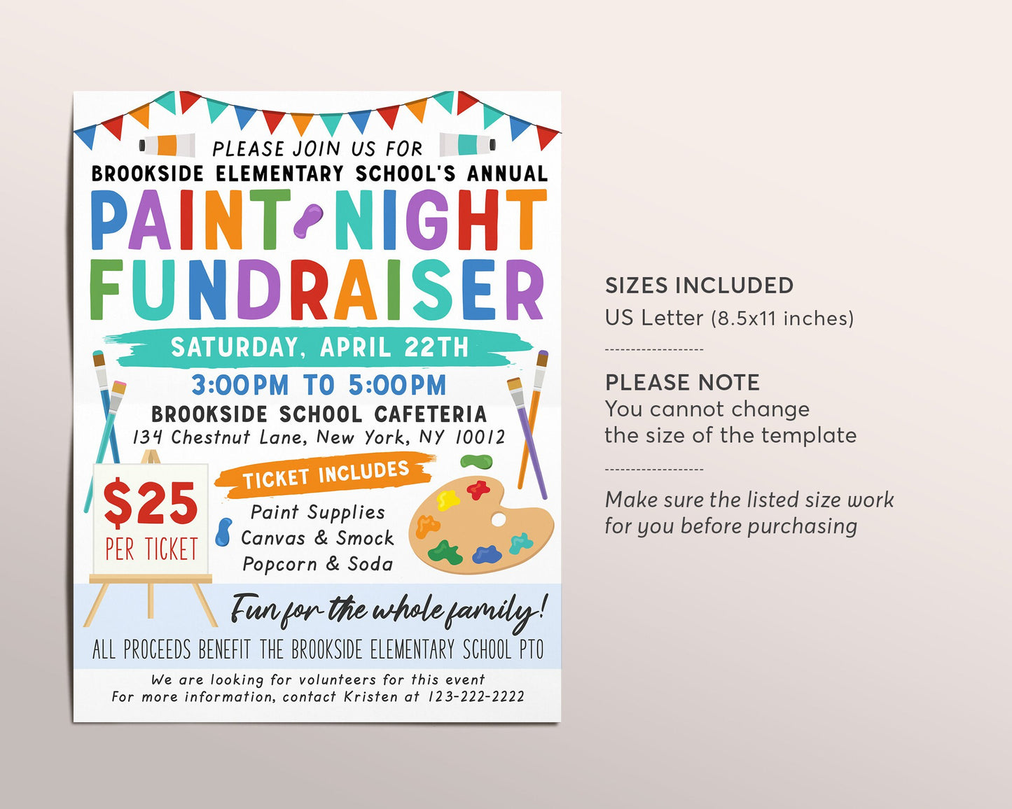 Paint Night Fundraiser Flyer Editable Template, Family Art Night, School Creative Art Craft Festival, Painting Class Party, Community Event