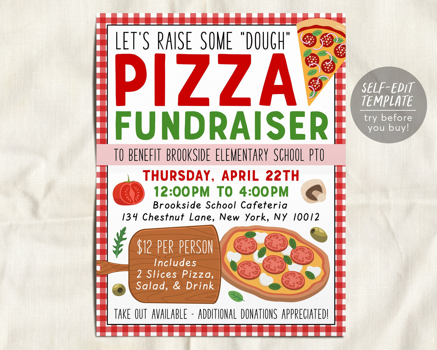 Pizza Fundraiser Flyer Editable Template, Pizza Italian Dinner Event Benefit, PTO PTA School Church Sports Function Community Charity